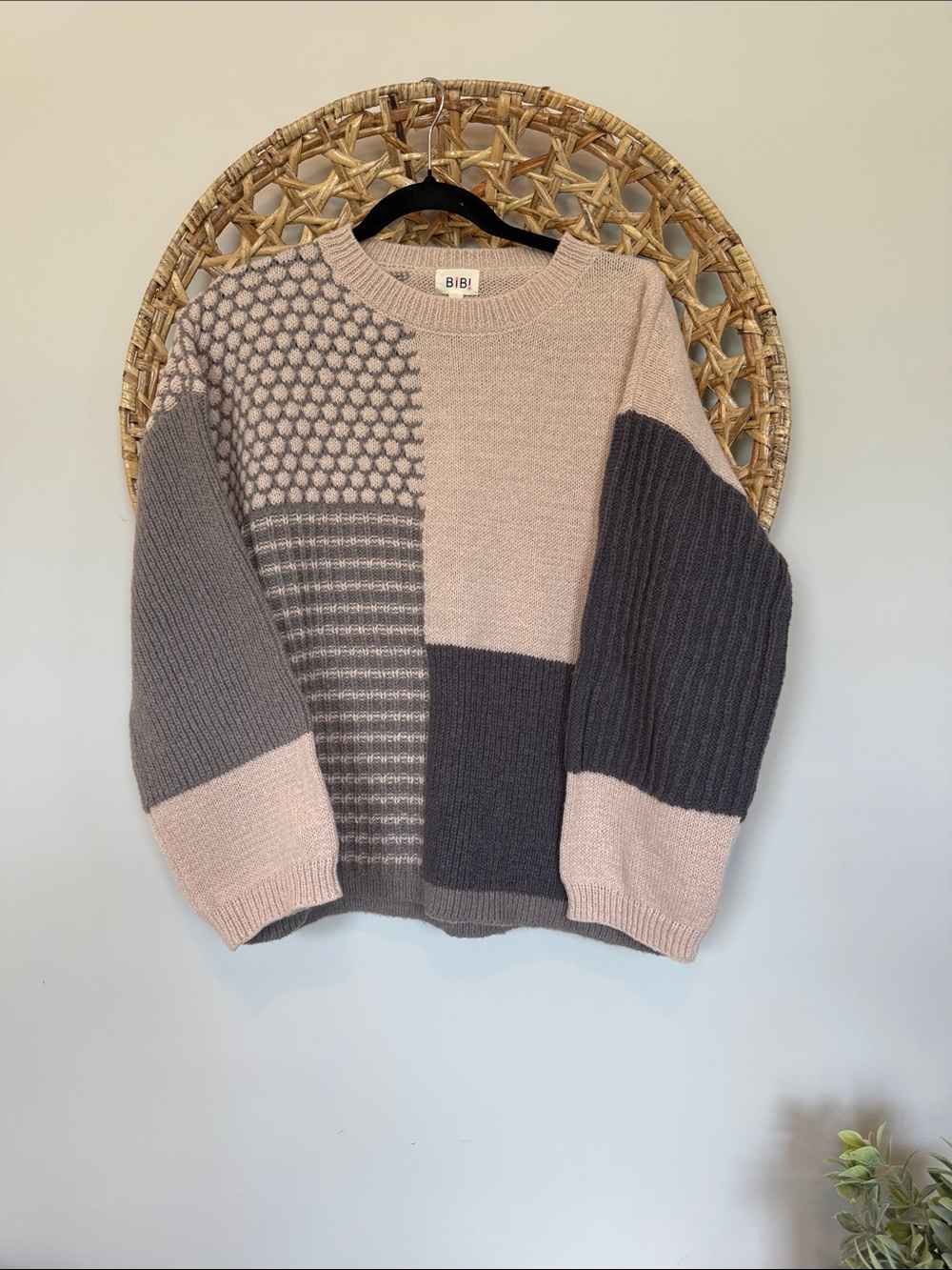 BiBi Patchwork Knit Sweater in Cream and Charcoal colors. - Picture 4 of 13